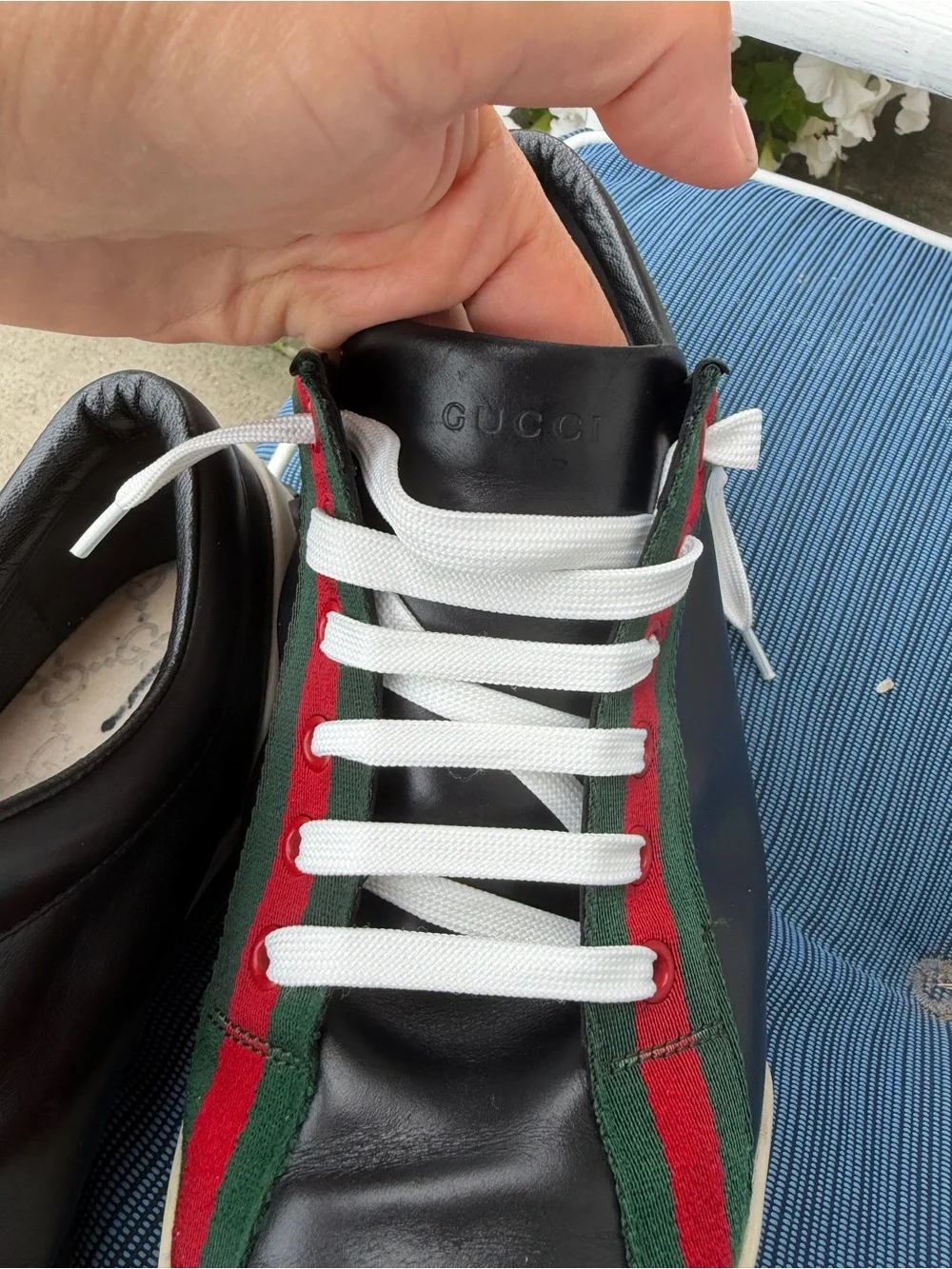 Black Leather Low-Top Sneakers with Red & Green Stripe